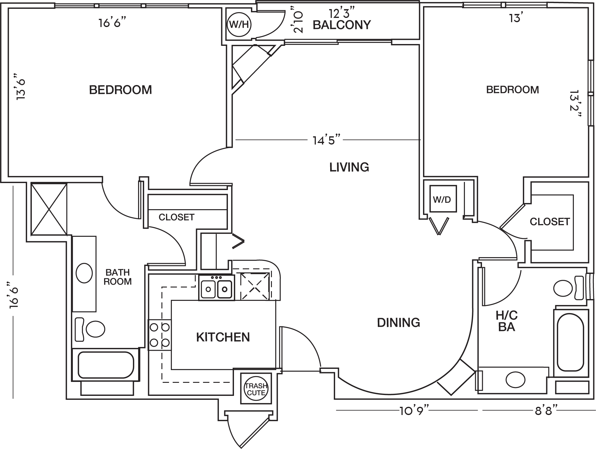 Floor plan for 2 beds, 2 baths, 1217 sqft